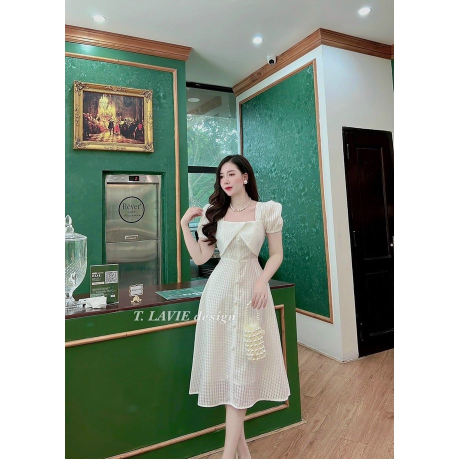 Đầm Cổ Vuông Tay Phồng Dáng Xoè, Váy Nữ Thiết Kế Sang Trọng Đính Nút Xoắn Cổ Hoạ Tiết Caro Nhẹ Đi Tiệc Dạo Phố