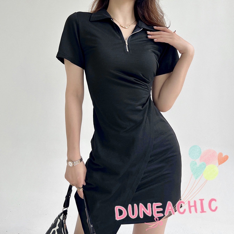 DUNEA Đầm Ngắn Tay Cổ Polo Phối Khóa Kéo Thời Trang Cho Nữ
