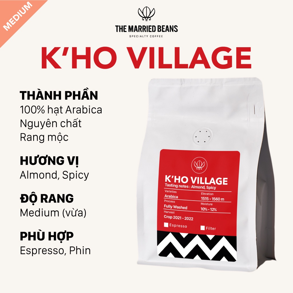 Cà phê đặc sản rang mộc Arabica 100% K'Ho Village, rang vừa (espresso, phin) THE MARRIED BEANS (Túi 250gr)