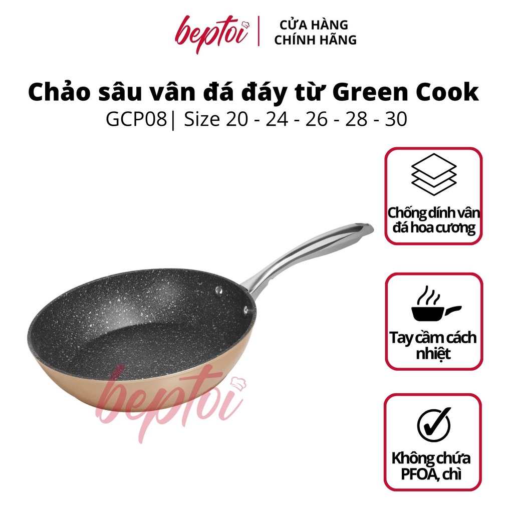 Chảo chống dính đáy từ, chảo sâu vân đá hoa cương  Green Cook GCP08-IH công nghệ Hàn Quốc