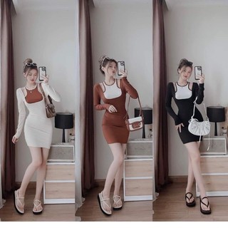 Đầm ôm body phối yếm viền màu đym3