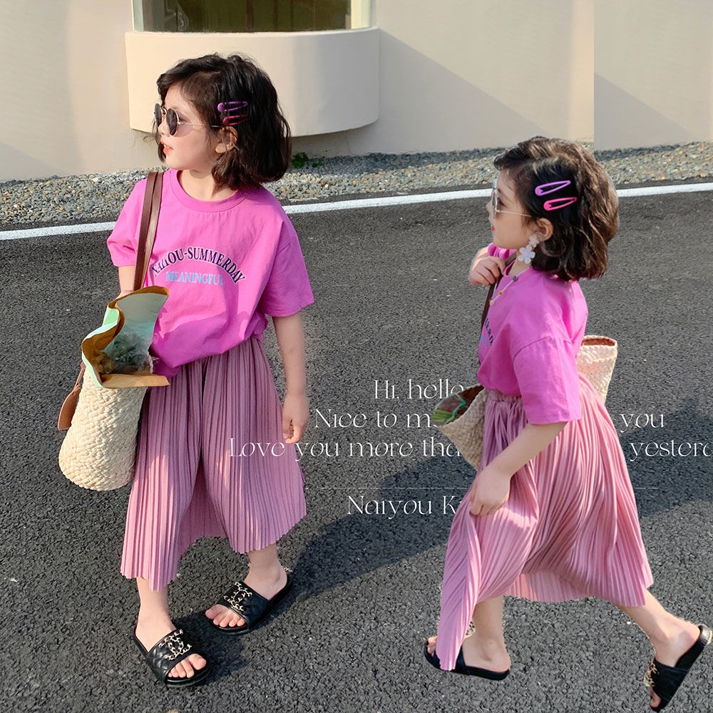 Set Đồ Mùa Hè 2 Món Gồm Áo Thun Cotton + Chân Váy Mỏng Dáng Rộng Xếp Ly Cho Bé Gái