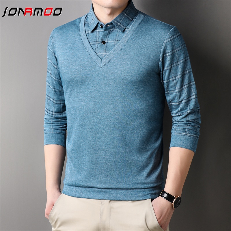 Áo Thun Nam Dài Tay Cổ Bẻ Giả Hai Lớp Màu Sắc Thời Trang