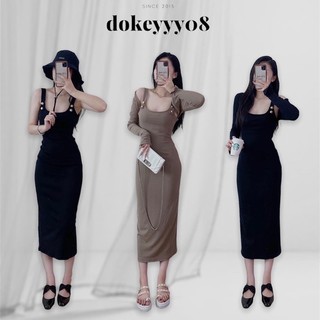 Set váy body khuy vai dáng dài co giãn