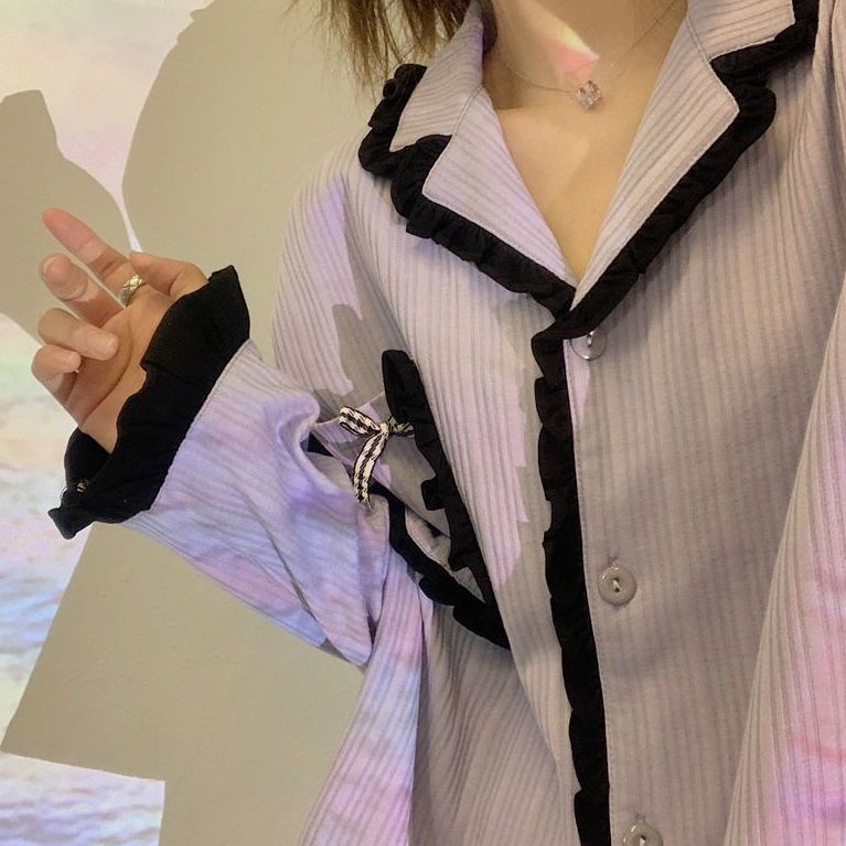 Bộ Đồ Ngủ Tay Dài Phối Bèo Màu Sắc Đơn Giản Thời Trang Xuân Thu Xinh Xắn Cho Nữ