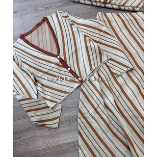 Set len kẻ áo croptop chân váy dài