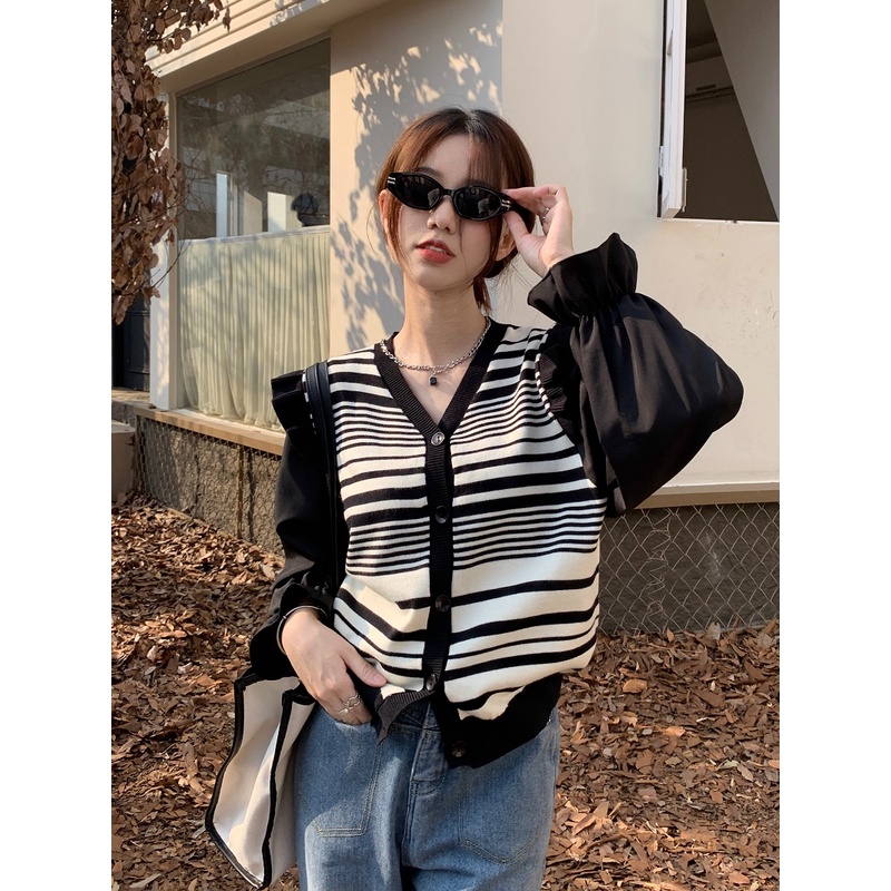 ZHELIHANGFEI Áo Khoác Cardigan Dệt Kim Tay Phồng Dáng Rộng Họa Tiết Kẻ Sọc Ngọt Ngào Dễ Phối Đồ