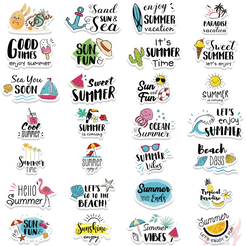 ❉ Sticker Dán Trang Trí Hình Bãi Biển Mùa Hè Series 01 ❉ Bộ 55 Sticker Chống Thấm Nước Họa Tiết Doodle Hợp Thời Trang