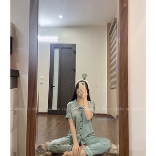 Đồ ngủ pyjama lụa cao bộ cộc tay xanh ngọc, đỏ,Bộ ngủ lụa