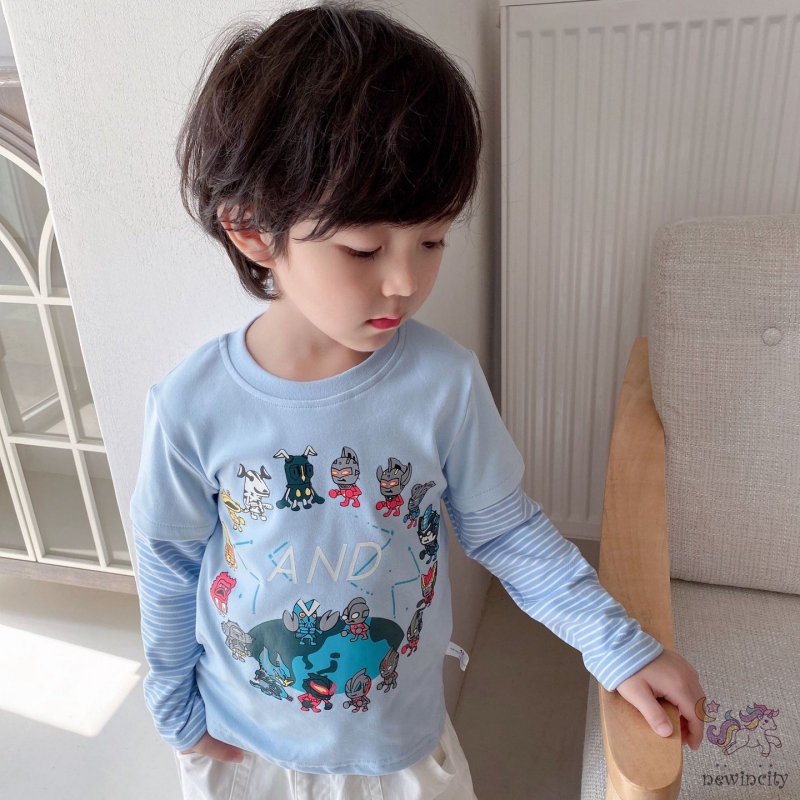 Áo Thun In Hoạt Hình Ultraman Giả Hai Lớp Phong Cách Hàn Quốc Thời Trang Mùa Thu Dành Cho Trẻ