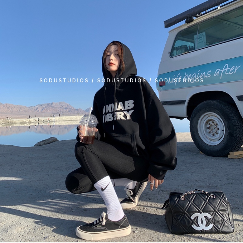 Áo Hoodie Nữ Dáng Rộng Thêu Chữ Phong Cách Hàn Quốc