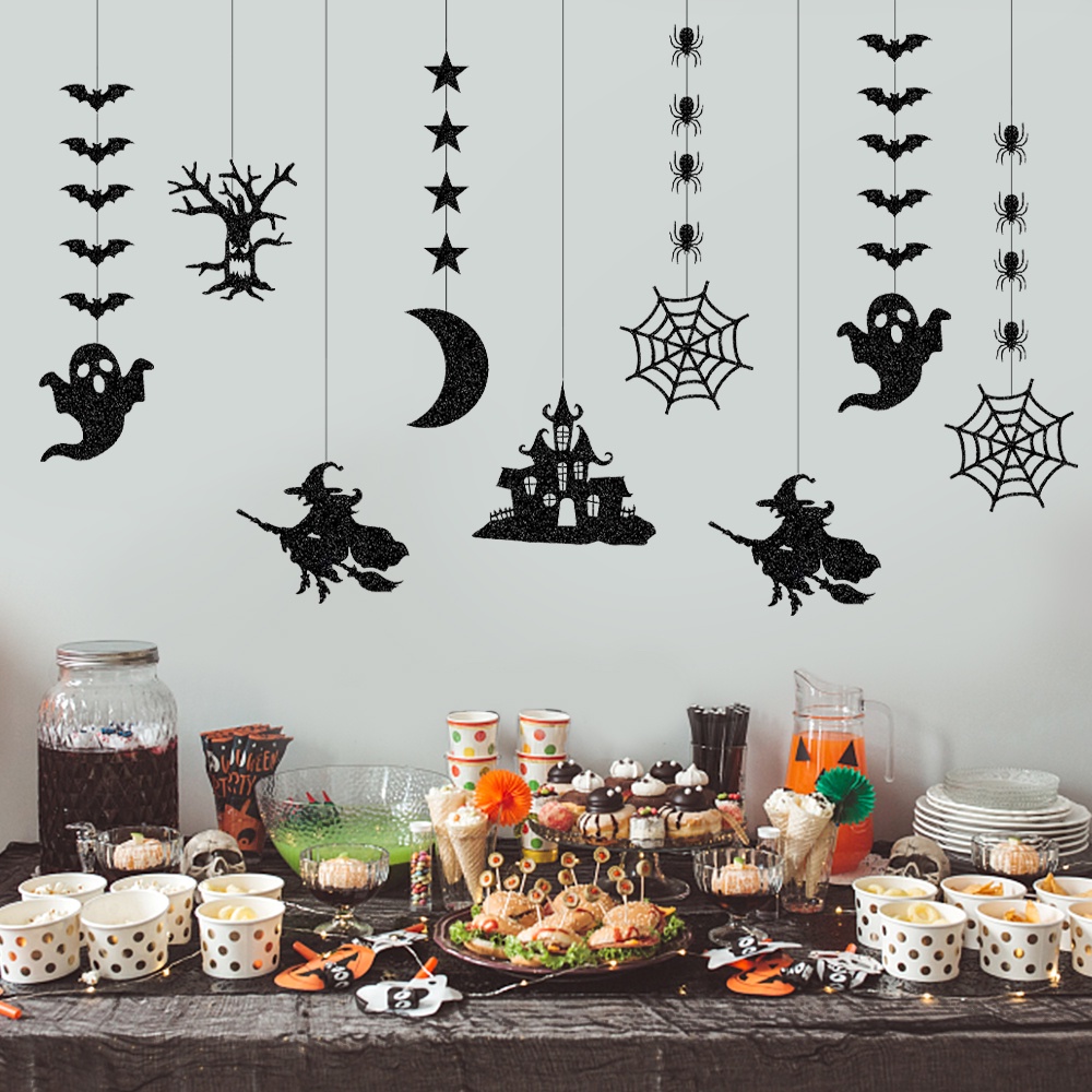 Set 6 Mặt Dây Chuyền Phù Thủy Bằng Giấy Màu Đen Trang Trí Tiệc Halloween Kinh Dị