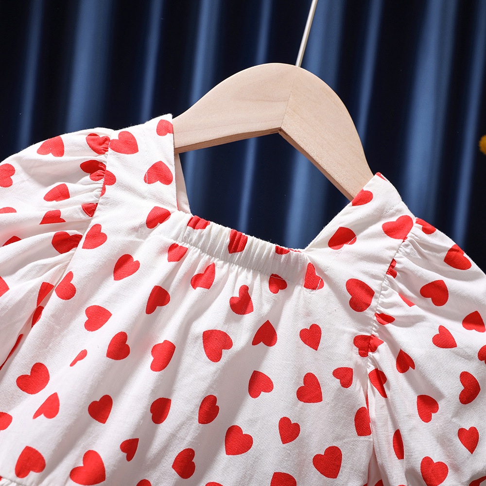 Áo Thun Cotton Tay Phồng In Họa Tiết Trái Tim Phong Cách Hàn Quốc Thời Trang Mùa Hè Cho Bé Gái