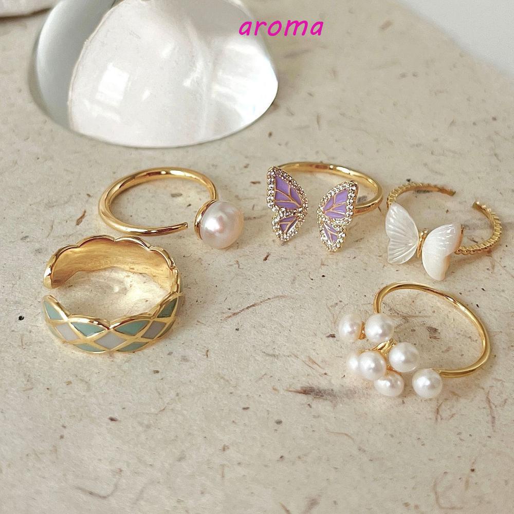 Nhẫn Hợp Kim Hở Họa Tiết Bướm Đính Ngọc Trai Thời Trang