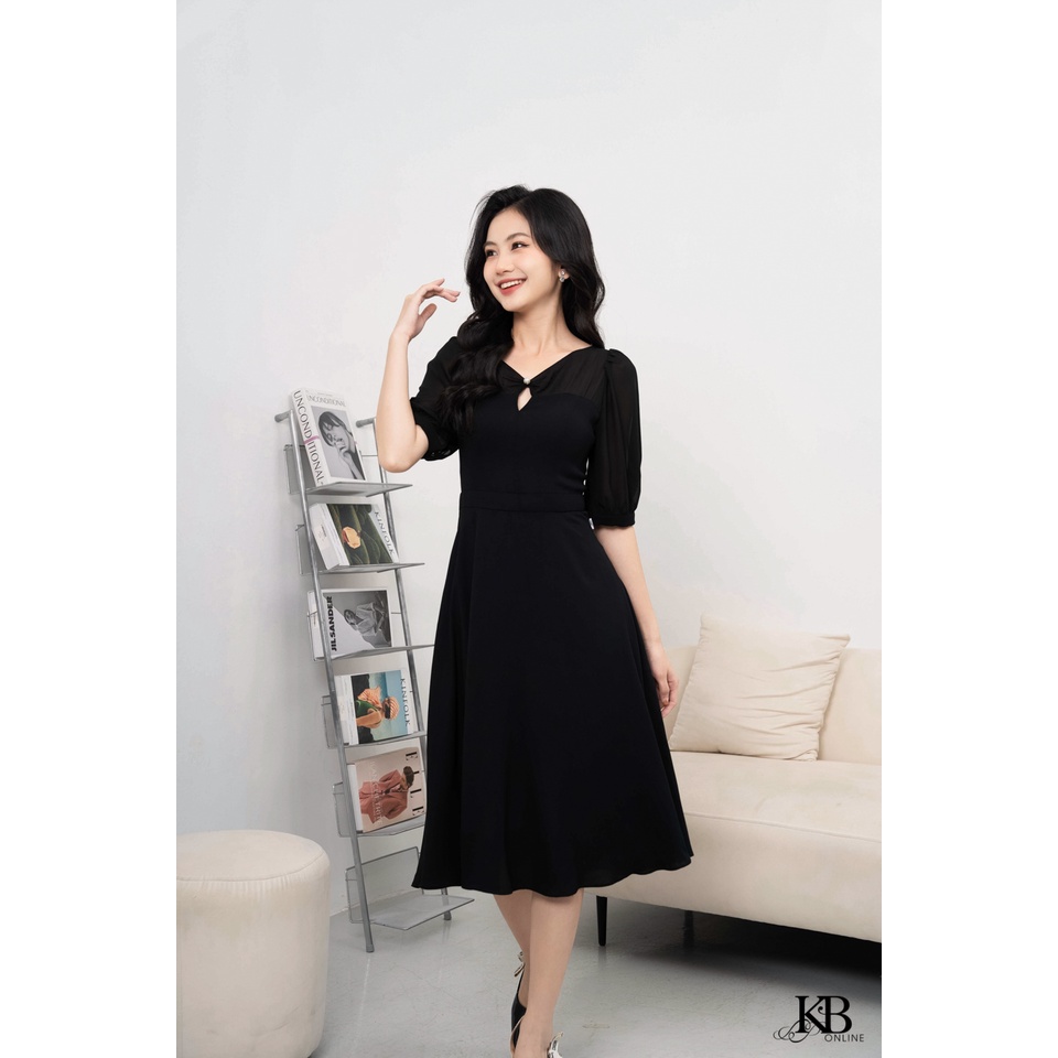 Đầm nơ ngực cúc trước đai eo dáng xoè DL02039