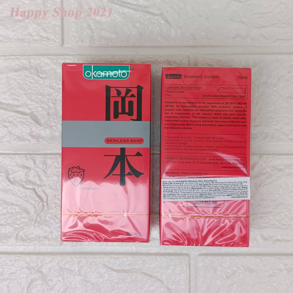Bao cao su Okamoto Skinless Skin Strawberry hương dâu siêu mỏng hộp 10 bao