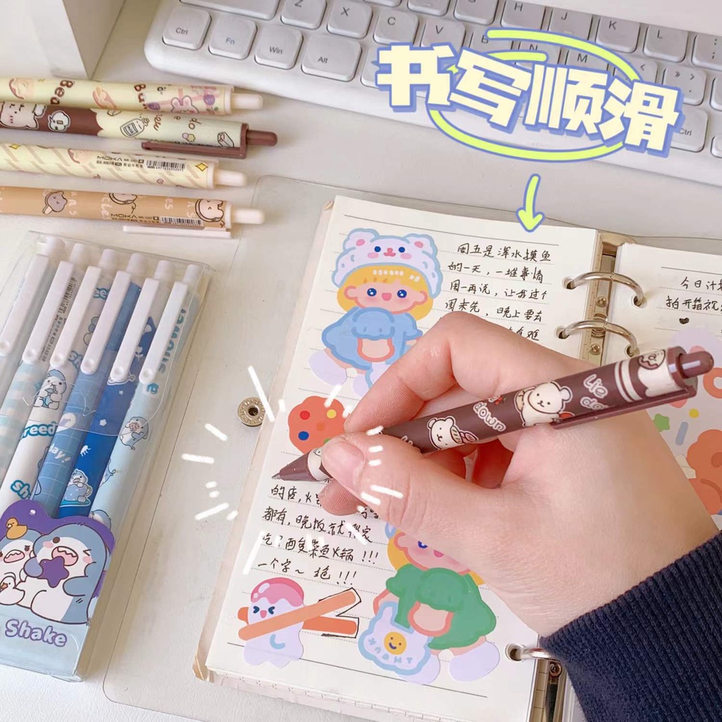 Set 6 Bút Bi Nước Mực Đen Ngòi 0.5mm