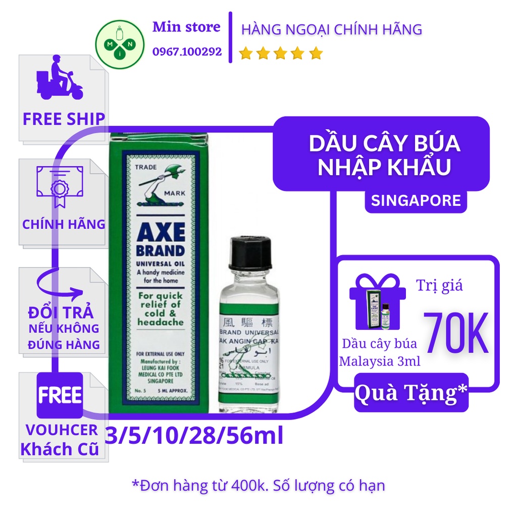 🇸🇬FREE SHIP🇸🇬 Dầu Gió Trắng Cây Búa SINGAPORE Axe Brand No.5 5ml CHÍNH HÃNG Thơm Giảm Đau Nóng Dịu
