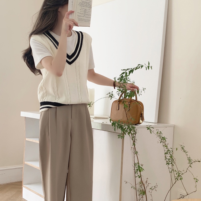 Áo Sweater Dệt Kim Không Tay Phong Cách Preppy Thời Trang Mùa Thu Cho Nữ