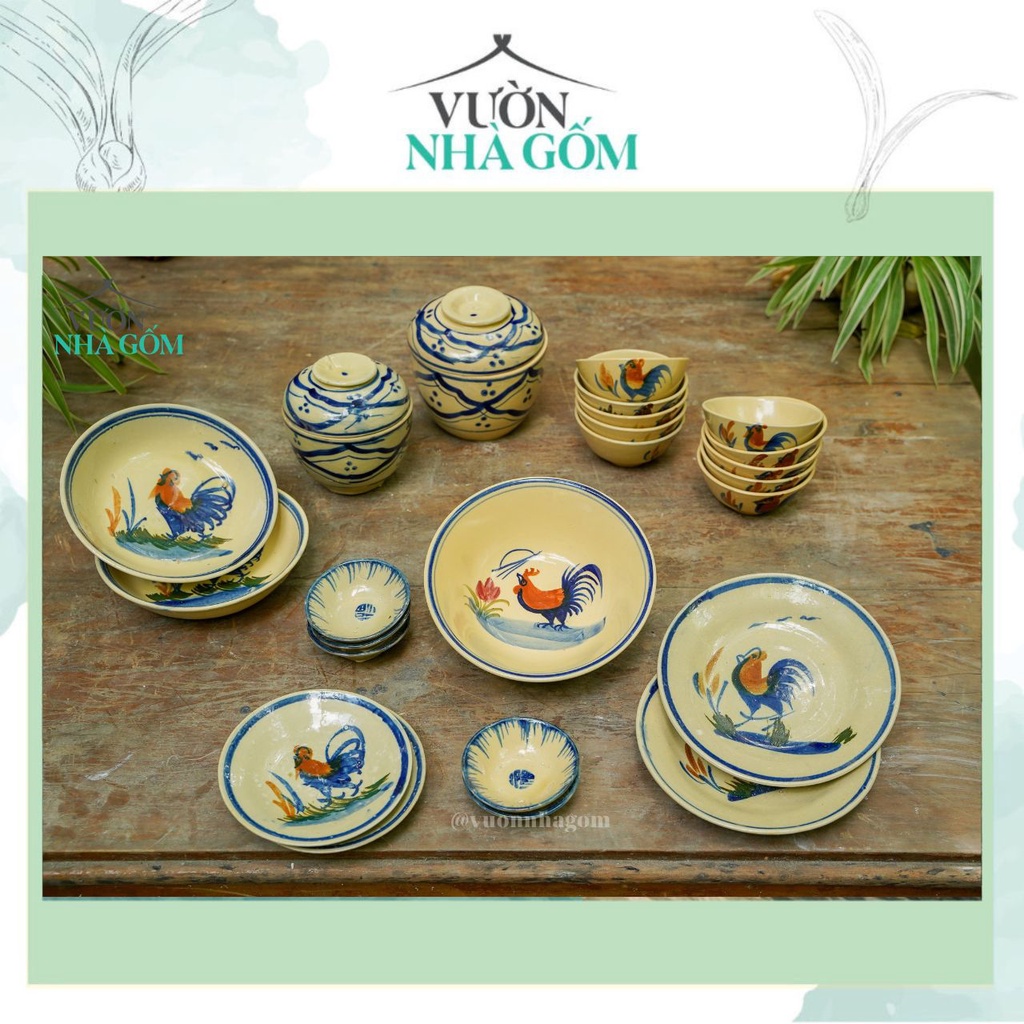 Bộ set chén bát hoạ tiết con gà (527k), bộ bàn ăn dân dã, gốm lái thiêu- Vườn Nhà Gốm