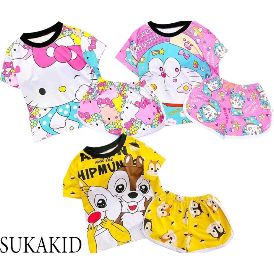 ( Km ) Set 3 Bộ đồ hình in 3D cho bé gái chất liệu thoáng mát mềm mịn hinh in doremomm hồng đôi sóc ,mèo nơ 6kg đên 40kg