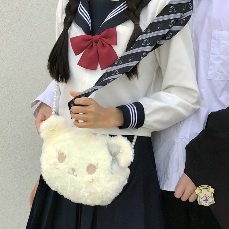 Túi Đeo Chéo Hình Gấu Bông Mềm Đính Ngọc Trai Phong Cách Lolita
