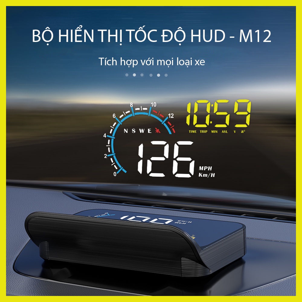MÀN HÌNH HIỂN THỊ THỜI GIAN HUD - M12 KẾT NỐI OBD2 + USB TÍCH HỢP MỌI LOẠI XE