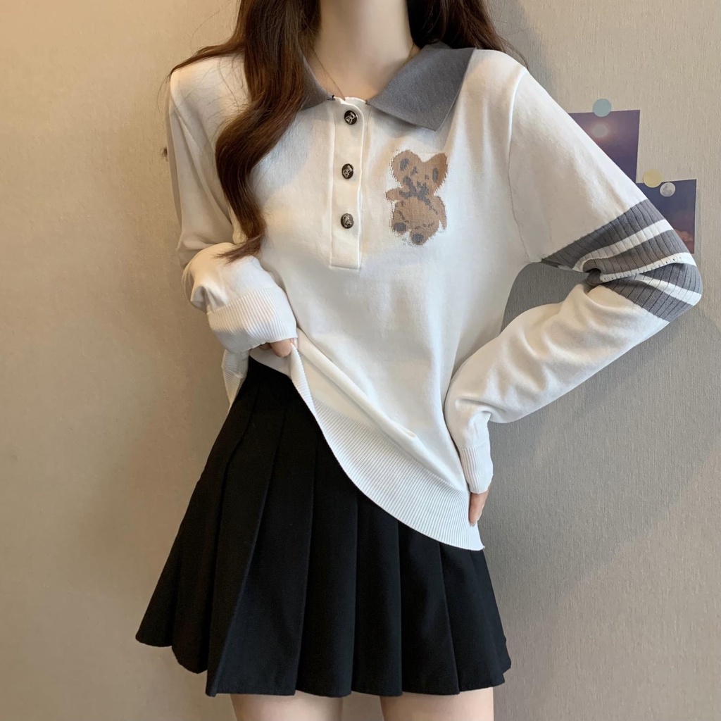 ZHELIHANGFEI Áo Thun POLO Tay Dài Dáng Ôm Thêu Hình Gấu Dễ Thương
