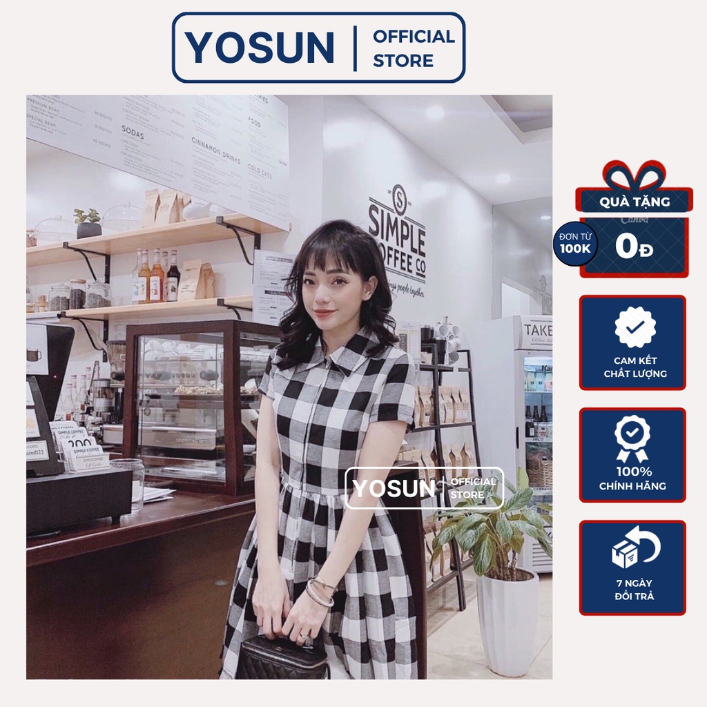 Đầm Nữ Đi Café Ăn Uống Cổ Bẻ Dây Kéo Trước Xếp Li Eo Hiện Đại Độc Đáo, Đầm Nữ Form Xòe Tay Ngắn Caro Đen