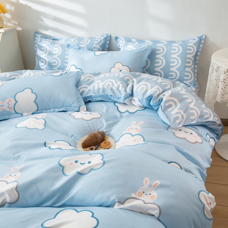 Bộ vỏ chăn ga gối 4 món Cotton Polyester mây xanh