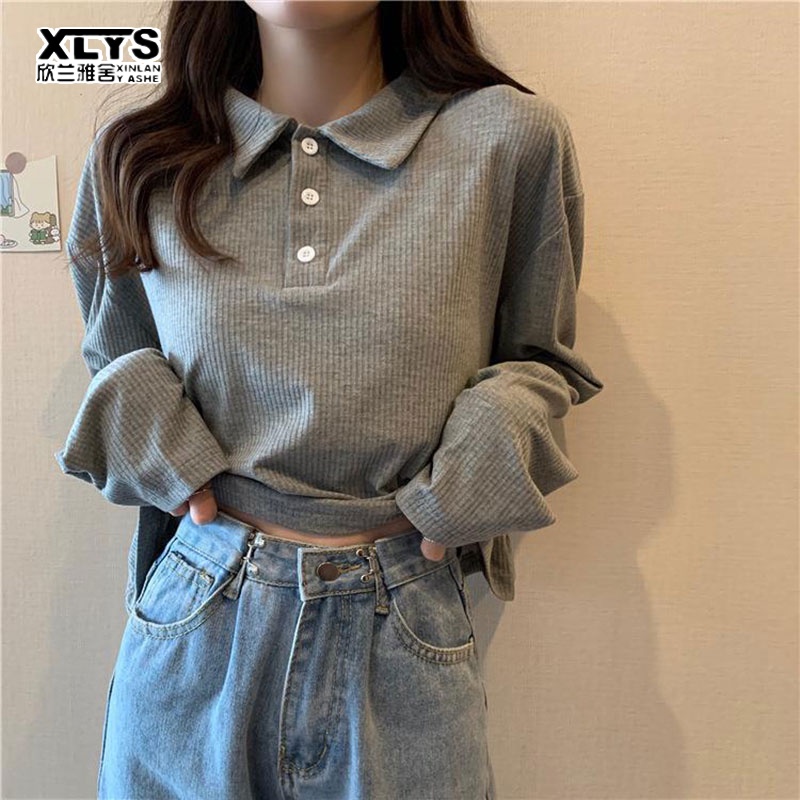 Xin LAN YA SHE Áo Sweater Dệt Kim Cổ POLO Dáng Rộng Ngắn Màu Đen Phong Cách Hàn Quốc Cho Nữ