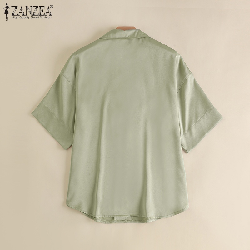 Áo sơ mi ZANZEA tay ngắn màu trơn phong cách Hàn Quốc cho nữ