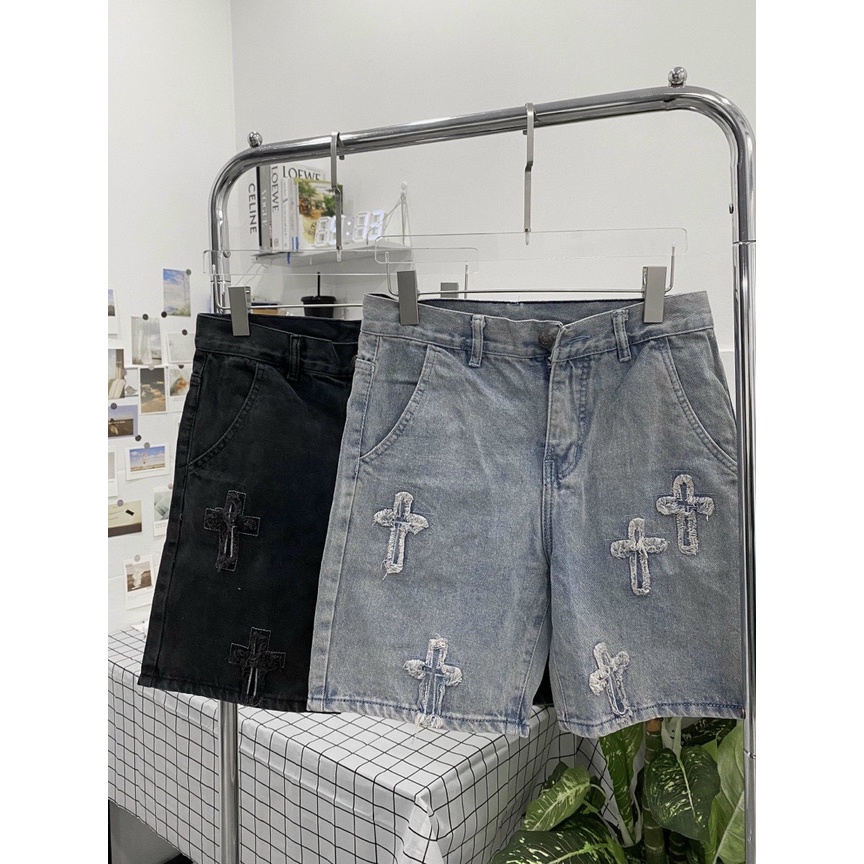 Quần short jean trên gối Ulzzang, quần short phong cách Hàn Quốc thêu chữ thập hottrend 2022