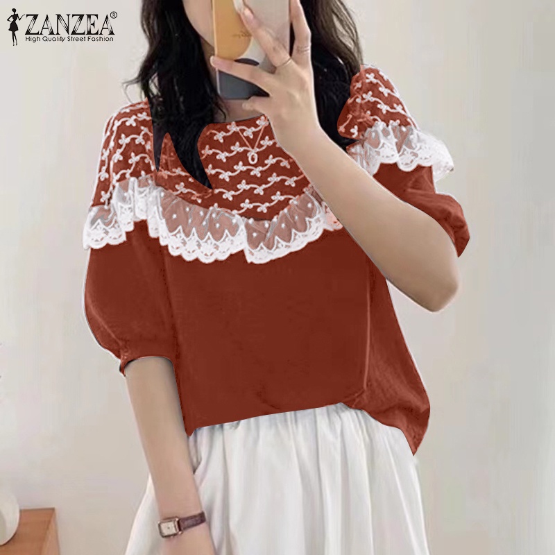 Zanzea Áo Nữ Tay Lửng Cổ Tròn Phối Ren Thời Trang