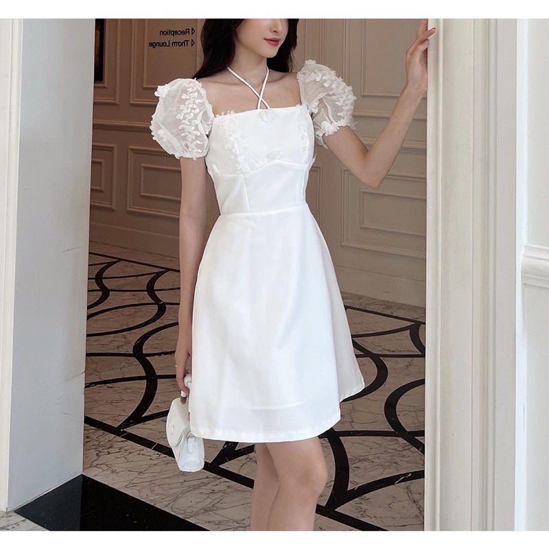YURA DRESS - Đầm Tay Phồng Đính Hoa Chéo Dây, Đầm Form Chữ A Trễ Vai Dự Tiệc - IMUS Thiết Kế Nữ
