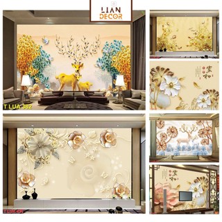 Tranh dán tường 3d phòng khách, decal tuần lộc, hoa lụa cao cấp