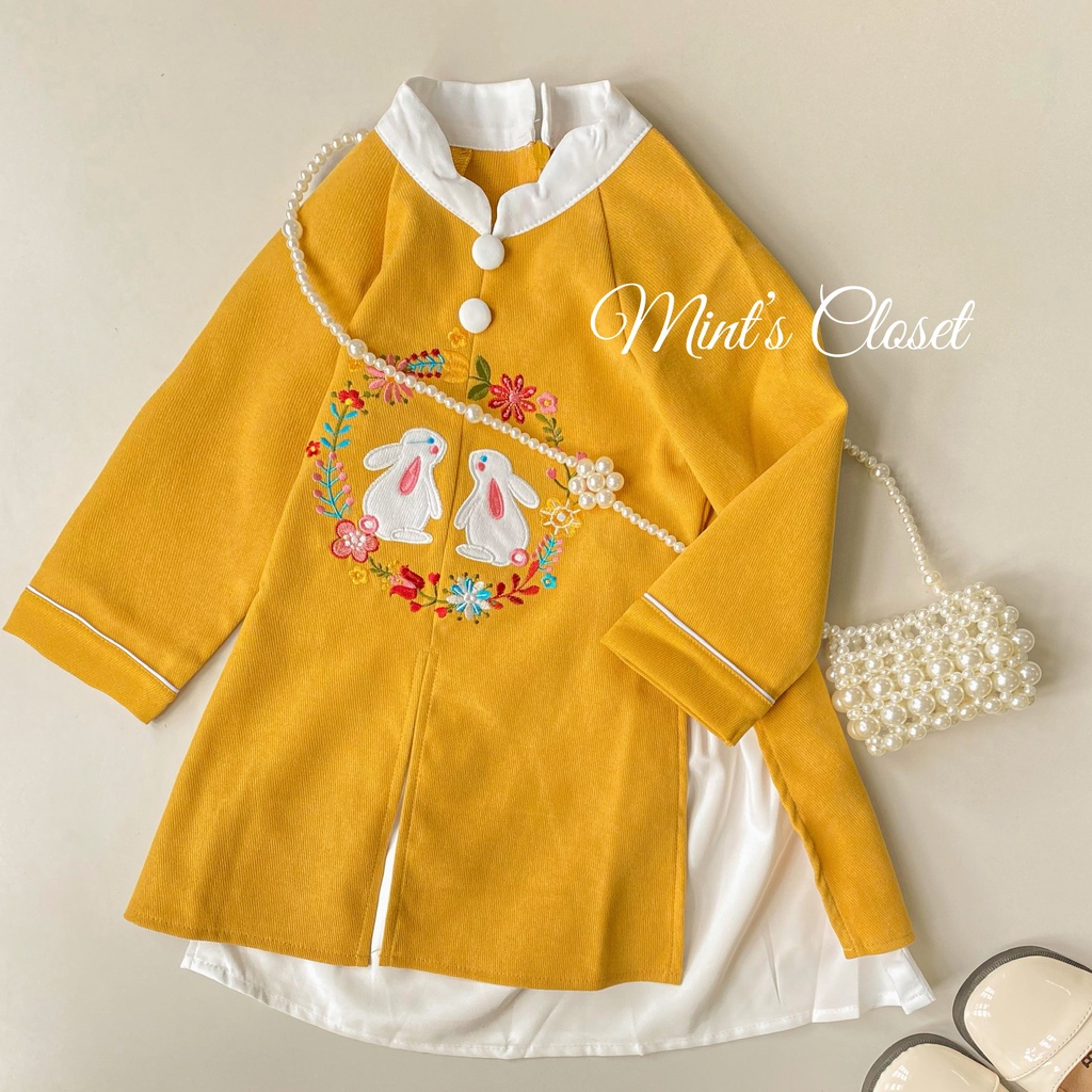Áo dài cách tân bé gái kèm váy MINTSCLOSET Mint's Closet mặc tết nhung tâm size 1 2 3 4 5 tuổi - GS1019