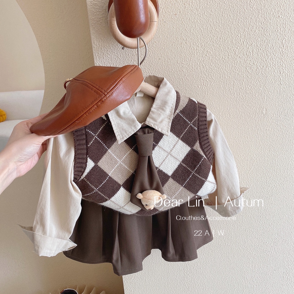 Bộ Đồ Thời Trang Hàn Quốc 2022 Gồm Gile+ Áo Sơ Mi + Cravat Phong Cách Preppy Cho Bé