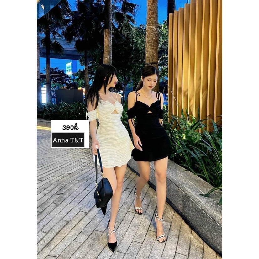 Đầm xốp 2 dây cột nơ vai tay ngắn đứt nhúm ngực nơ cực sexy  , chất thun xốp mềm mịn