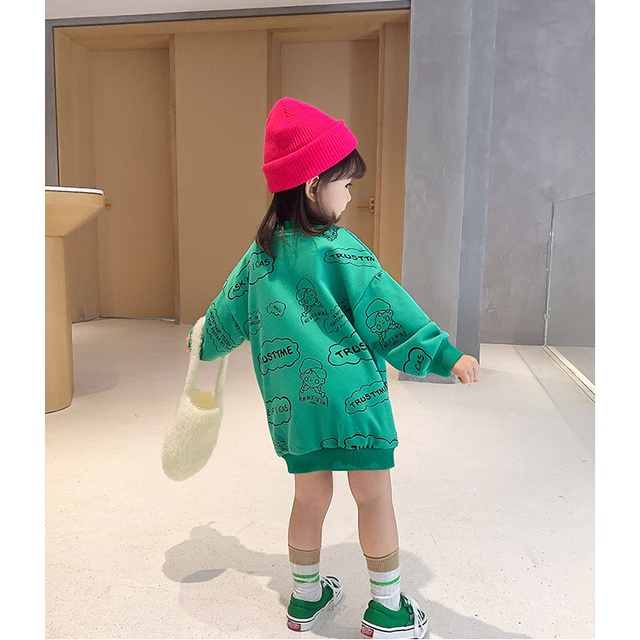 Đầm Tay Dài Hoạ Tiết Hoạt Hình Cho Bé Gái 1-8 Tuổi