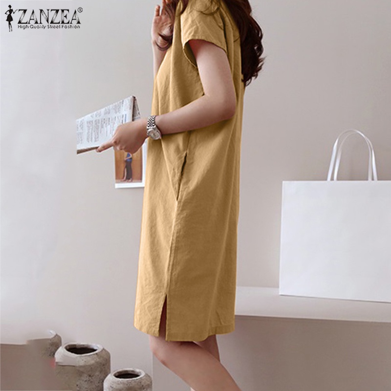 ZANZEA Đầm Ngắn Tay Cổ Chữ V Khóa Kéo Thời Trang Nữ