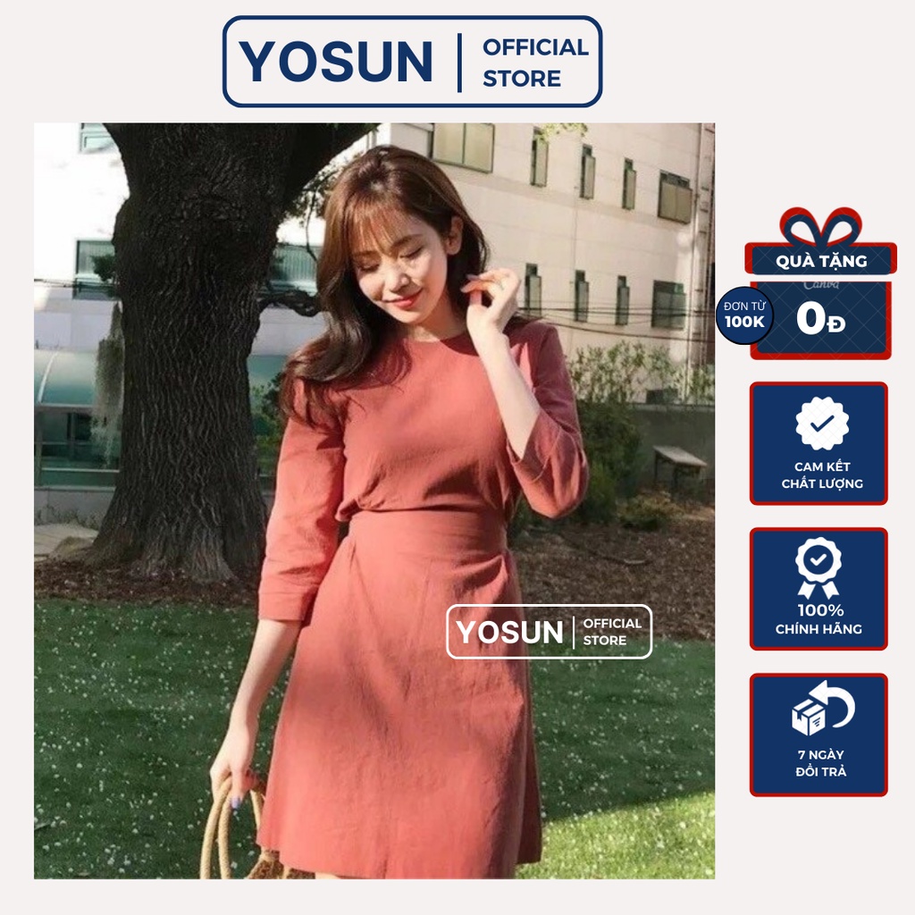 Đầm Nữ Dự Tiệc Cổ tròn Thắt Nơ Sau Tay Lửng Trẻ trung, Váy Nữ Đi Chơi Form Ngắn Dễ Thương Màu Cam Đất