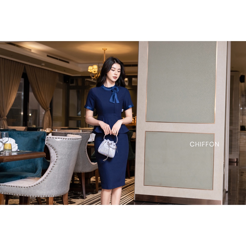 Set vest ký giả cao cấp cổ phối nơ hoa thiết kế Chiffon