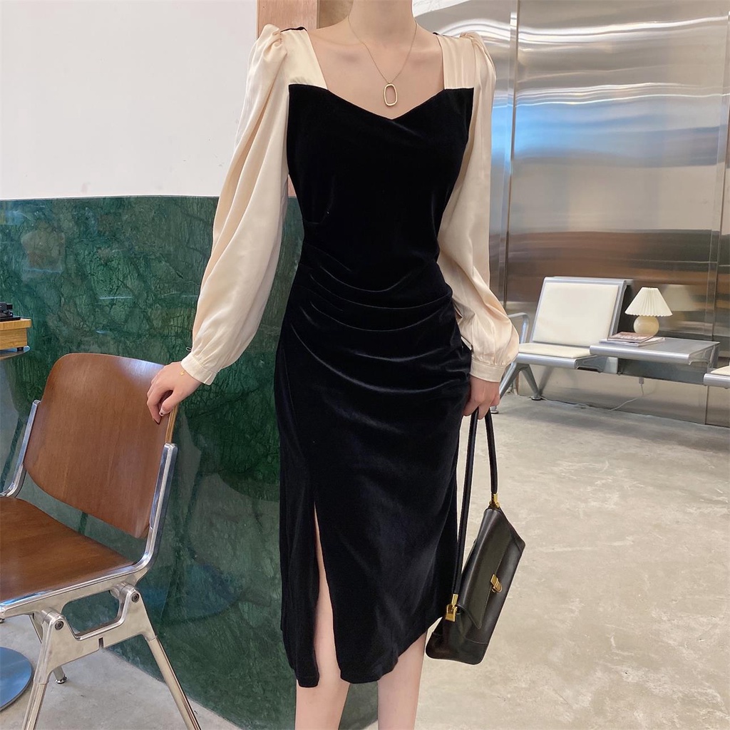 ZHELIHANGFEI Váy xẻ tà tay bong bóng eo hiển thị nhiệt độ giảm béo thời trang gợi cảm