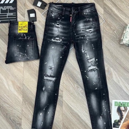 quần bò jean nam đen phun sơn đẹp mẫu mới rách nhẹ phong cách trẻ trung 2023, chất vải co giản giá rẻ
