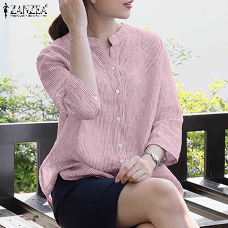 Áo sơ mi ZANZEA tay lửng cổ chữ V họa tiết sọc thời trang cho nữ