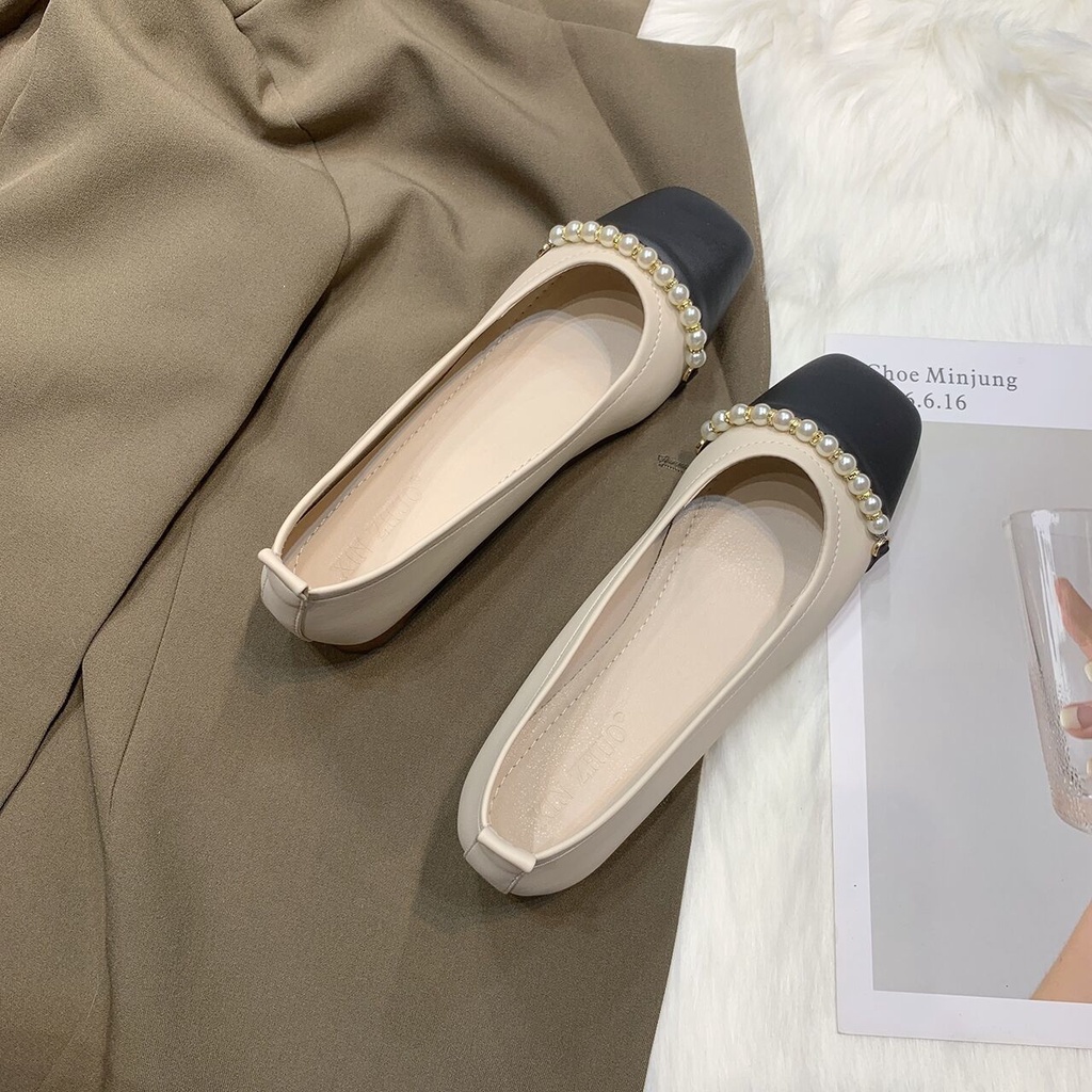 Giày Búp Bê Da Mềm Đế Bằng Mũi Vuông Đính Hạt Giả Ngọc Trai Thời Trang 2022 Xiaoxiangfeng Cho Nữ