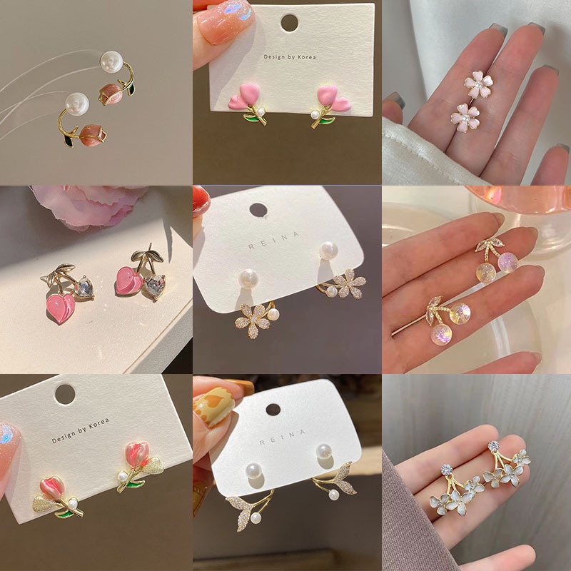 Bông Tai Hình Hoa Tulip / Bướm / Ngọc Trai Giả Bằng Hợp Kim Đính Đá Zircon Thời Trang Cho Nữ