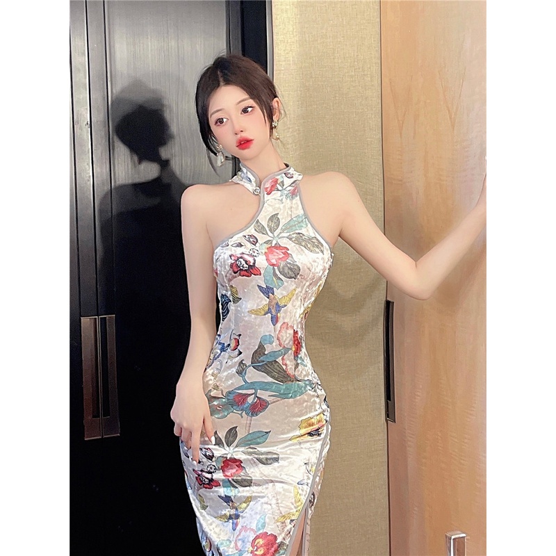 Mới Đầm Nhung Dáng Ôm In Họa Tiết Cá Tính Quyến Rũ Cho Nữ