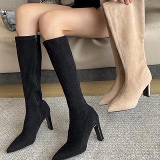 (MỄ Bối_ORDER) Bốt đùi da lộn gót 8cm/ Bốt cao cổ nữ